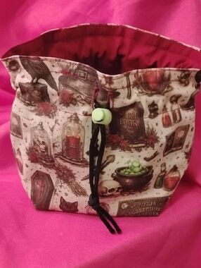 Spellbook Themed Fabric Drawstring Bag in Cream and Pink